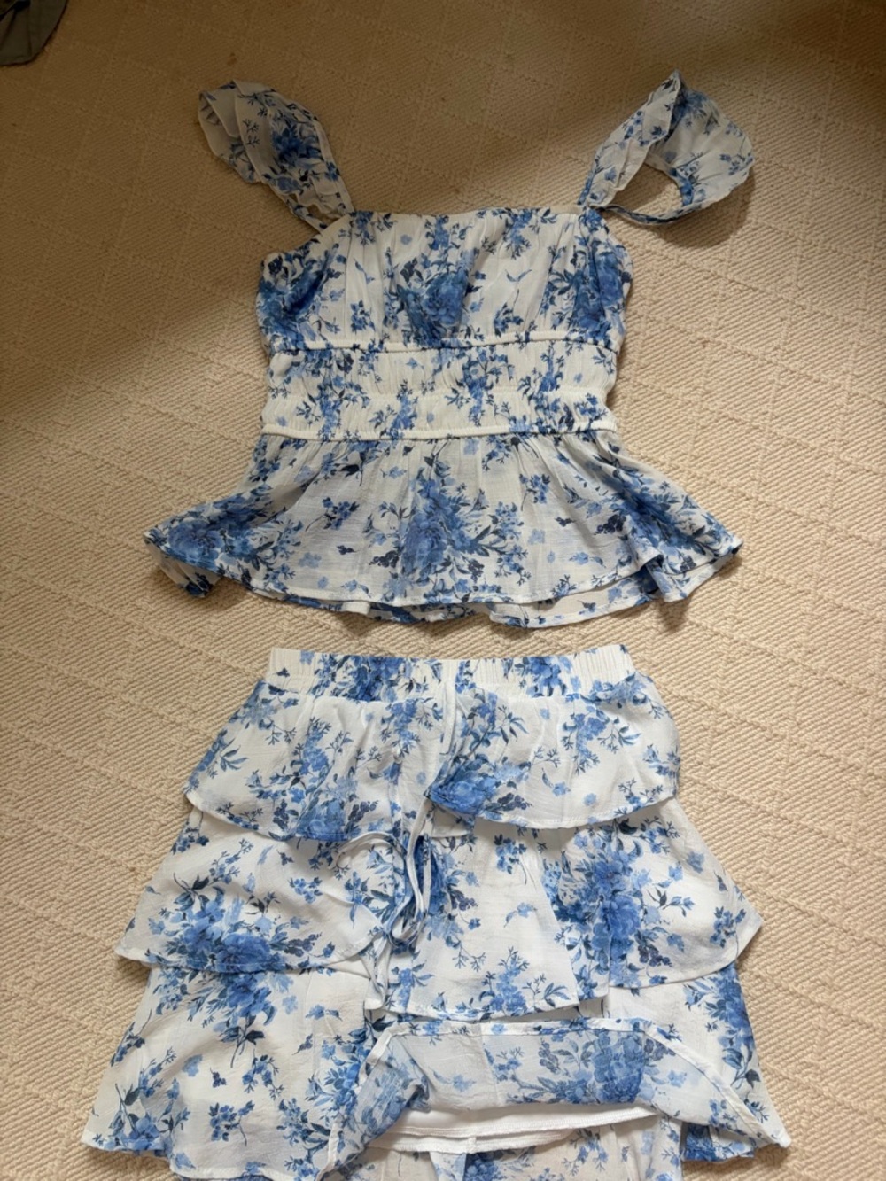 Blue Rain White & Blue Floral Peplum Top with Tiered Skirt Set